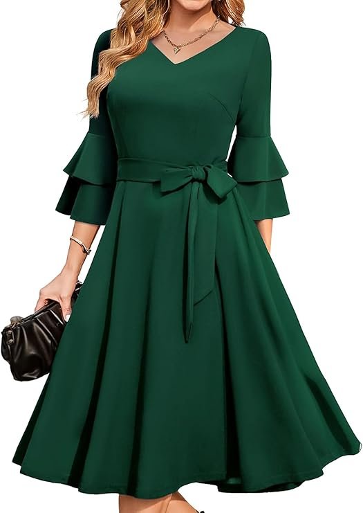 Women's Bottle Green Plus Size 3/4th Bell Sleeves Bridesmaid Dresses