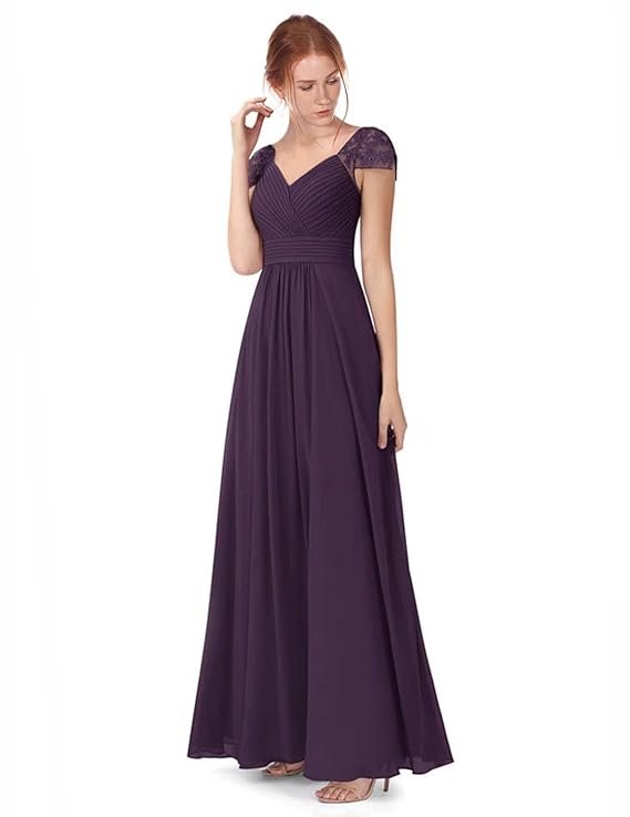 Women's Lace V Neck Prom Dress Long Chiffon Bridesmaid Dresses Formal Evening Gowns(Purple)