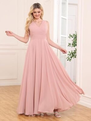 Women's V-Neck Chiffon Bridesmaid Dress Long A-line Formal Evening Prom Gowns（Pink）