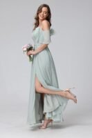 Women's Blue Cold Shoulder Chiffon Bridesmaids Dresses with Slit Long Formal Party Dress for Junior