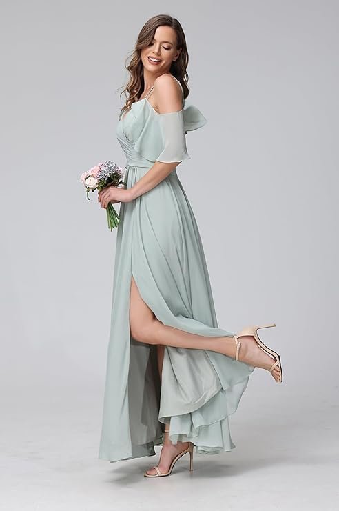 Women's Blue Cold Shoulder Chiffon Bridesmaids Dresses with Slit Long Formal Party Dress for Junior