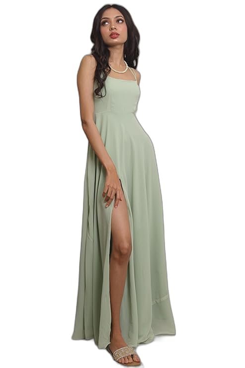 Green Sleeveless Bridesmaid Gown, Sea Foam, Floor Length with Back Slit, Wedding Gown, Evening Party Dress