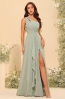 Chiffon One Shoulder Bridesmaid Dress with Pleated Bodice Long A Line Prom Dress for Women RS028