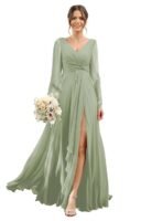 Green Chiffon Bridesmaid Dresses 2024 for Women with Slit V Neck Long Sleeve Flowy Formal Dresses with Pockets RO001