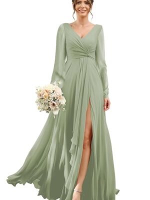 Green Chiffon Bridesmaid Dresses 2024 for Women with Slit V Neck Long Sleeve Flowy Formal Dresses with Pockets RO001
