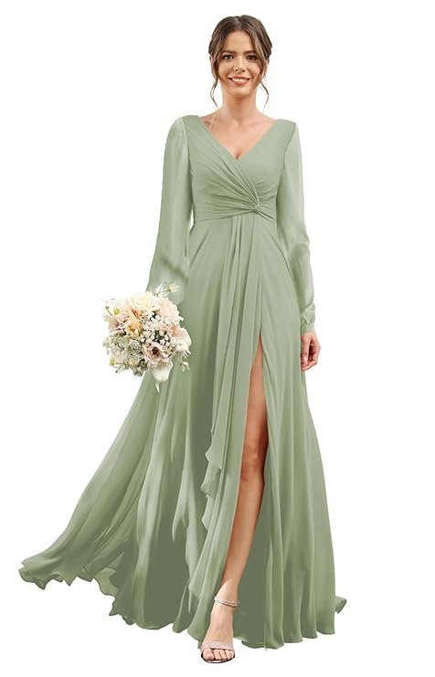 Green Chiffon Bridesmaid Dresses 2024 for Women with Slit V Neck Long Sleeve Flowy Formal Dresses with Pockets RO001