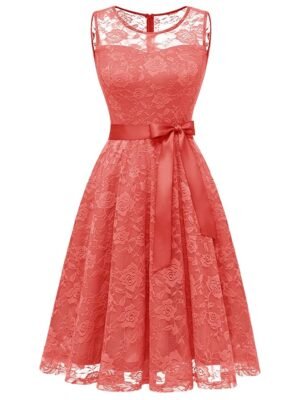 Women's Floral Lace Dress Short Bridesmaid Dresses with Sheer Neckline Coral