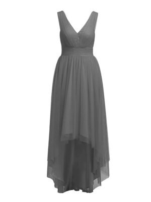 Grey High Low Bridesmaid Dresses Tulle Hi-Lo Prom Party Dress V-Neck Evening Formal Gowns