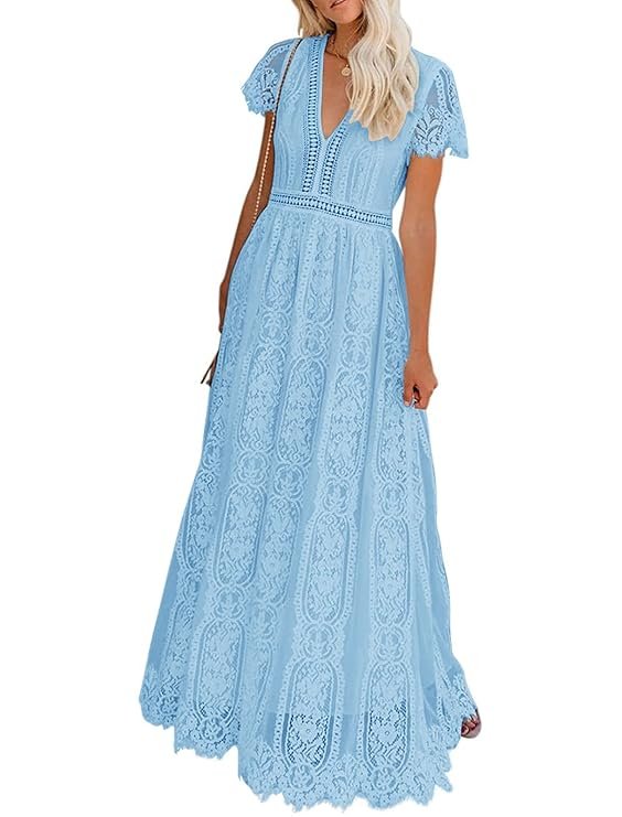 Women's Light Blue V Neck Short Sleeve Floral Lace Wedding Dress Bridesmaid Cocktail Party Maxi Dress