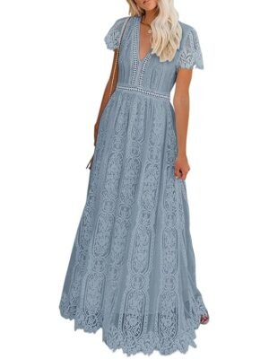 Women's V Neck Short Sleeve Floral Lace Wedding Dress Bridesmaid Cocktail Party Maxi Dress (Grayblue)