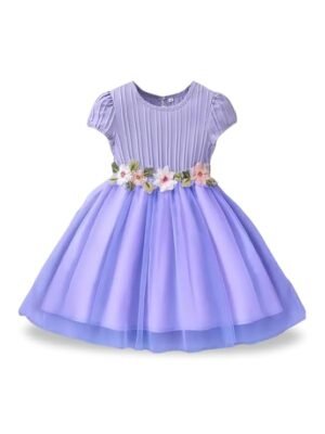 Girls’ Lilac Flower Waist, Tulle Skirt, Puff Sleeve, Elegant Birthday, Soft Lining Dress (Purple)