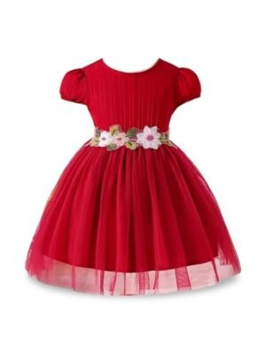 Girls’ Lilac Flower Waist, Tulle Skirt, Puff Sleeve, Elegant Birthday, Soft Lining Dress (Red)