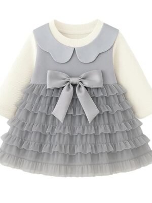 Baby Girl Long Sleeve Princess Dress – Soft Cotton Round Neck Flower Dress for Toddler Girls, Birthday, Party & Casual Wear (Grey AD3)