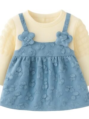 Baby Girl Long Sleeve Princess Dress – Soft Cotton Round Neck Flower Dress for Toddler Girls, Birthday, Party & Casual Wear (Blue AD1)