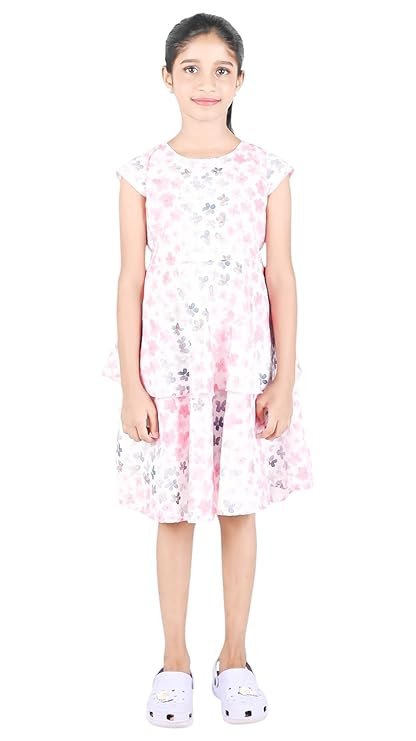 Floral Print Midi Dress, Cap Sleeve, Ruffle Detail, Blue with Pink Flowers