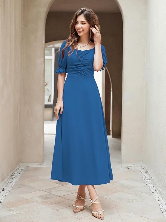 Girl's & Women's Solid A-Line Ruched Puff Sleeve Maxi Long Evening One Piece Long Dress for Women Stylish (Morpeach)