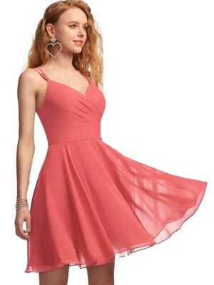Solid A-Line V-Neck Chiffon Homecoming & Prom Party Dress – Short Ruffle Mini Cocktail Dress with Spaghetti Straps, Back Zip and Lining(Peach)