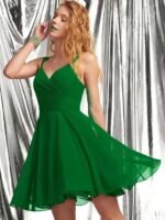 Solid A-Line V-Neck Chiffon Homecoming & Prom Party Dress – Short Ruffle Mini Cocktail Dress with Spaghetti Straps, Back Zip and Lining（Green）