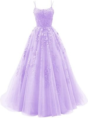 Tulle Lace Appliques Prom Dresses Long Ball Gown for Women Spaghetti Straps Corset Backless Evening Dress