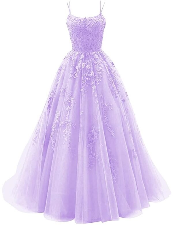 Tulle Lace Appliques Prom Dresses Long Ball Gown for Women Spaghetti Straps Corset Backless Evening Dress