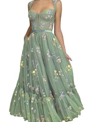Puffy Sleeve Prom Dresses Flower Embroidery Tulle Backless A-line Lace Formal Evening Party Gown for Women