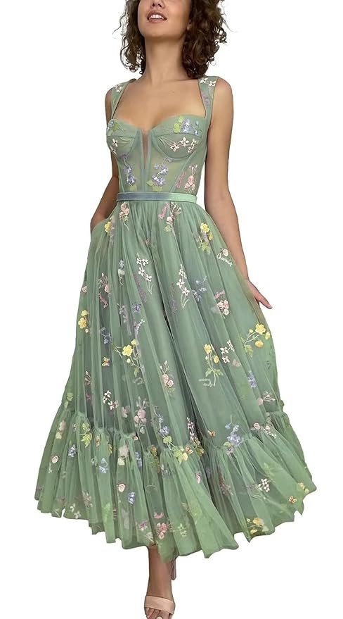 Puffy Sleeve Prom Dresses Flower Embroidery Tulle Backless A-line Lace Formal Evening Party Gown for Women
