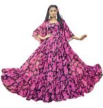 Pink Georgette Gown for Women | Full Length | Printed | Fit & Flare | Flared & Bell Sleeves | Round Neck | Ethenic Dress