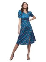 Women's Blue Multicolored-Base- V-Neck Pleated Puff Sleeve Floral Wrap Midi Polyester Dress - Half Sleeve