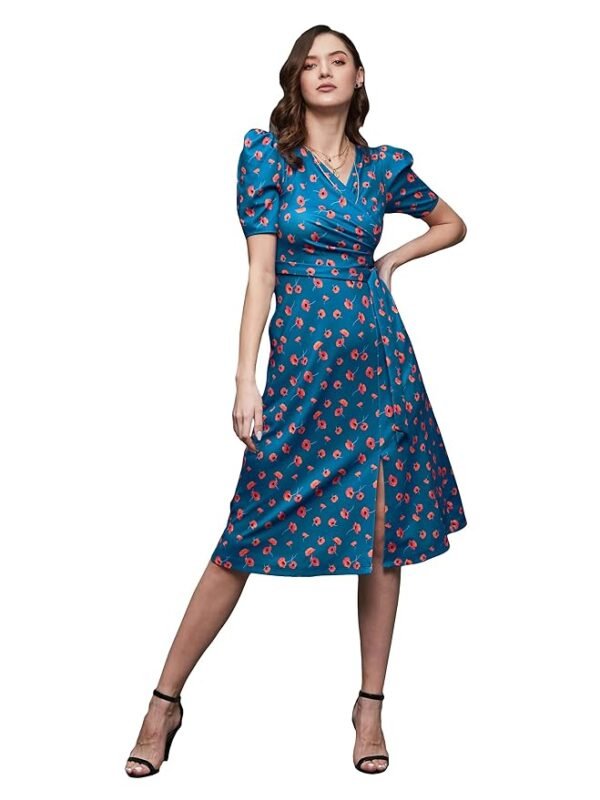 Women's Blue Multicolored-Base- V-Neck Pleated Puff Sleeve Floral Wrap Midi Polyester Dress - Half Sleeve