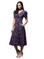 Women's Blue Multicolored-Base- V-Neck Pleated Puff Sleeve Floral Wrap Midi Polyester Dress (Multicolored Base-Teal)