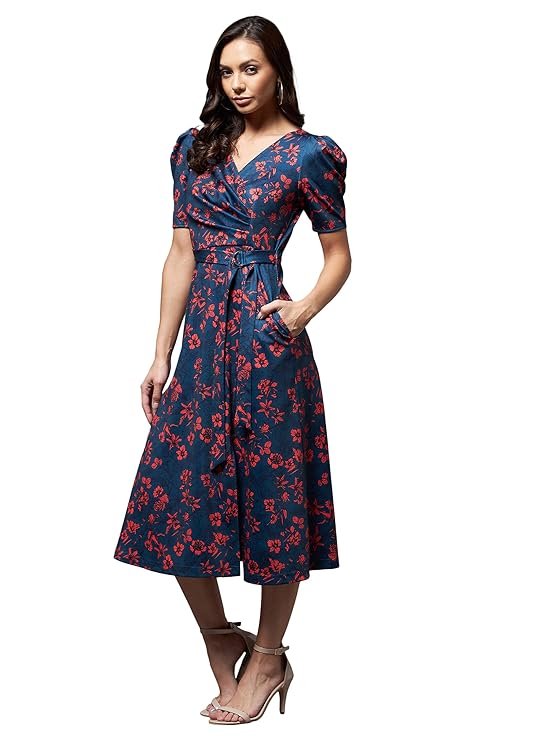 Women's Blue Multicolored-Base- V-Neck Pleated Puff Sleeve Floral Wrap Midi Polyester Dress (Multicolored Base-Teal)