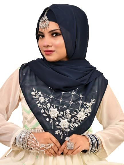 Navy Blue Luxury Bridal Hijab Scarf With Handwork