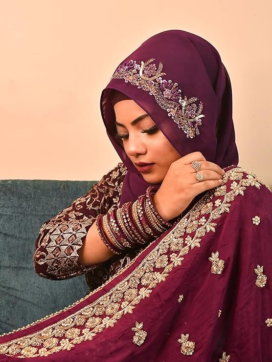 Luxury Bridal Hijab Scarf With Handwork（Purple）