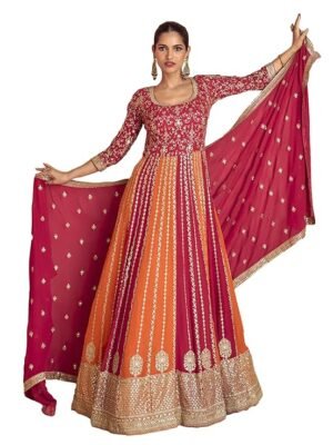 Women's Pink Chinon Stitched Gown with Dupatta 3/4 Sleeve Embroidered Anarkali Gown (ME-1231)