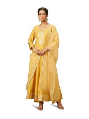 Women's Yellow Embroidered Anarkali Kurta Pant Set with Organza Dupatta | Viscose, Rayon | Marigold