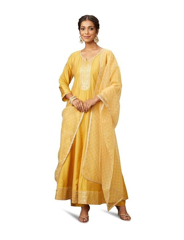 Women's Yellow Embroidered Anarkali Kurta Pant Set with Organza Dupatta | Viscose, Rayon | Marigold
