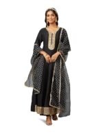 Women's Black Embroidered Anarkali Kurta Pant Set with Organza Dupatta | Viscose, Rayon
