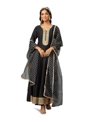 Women's Black Embroidered Anarkali Kurta Pant Set with Organza Dupatta | Viscose, Rayon