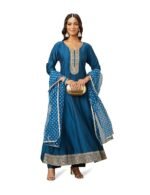 Women's Teal Blue Embroidered Anarkali Kurta Pant Set with Organza Dupatta | Viscose, Rayon