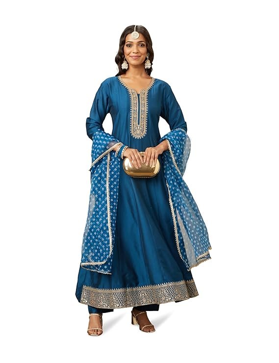 Women's Teal Blue Embroidered Anarkali Kurta Pant Set with Organza Dupatta | Viscose, Rayon