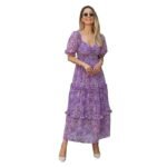 Women's Floral Puff Sleeve High Waist A Line Flowy Long Dress