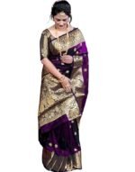 Women's Banarasi Silk Saree with Intricate Gold Zari Weaving & Unstitched Blouse Piece – Traditional Indian Wedding Attire(Mahi Wine)