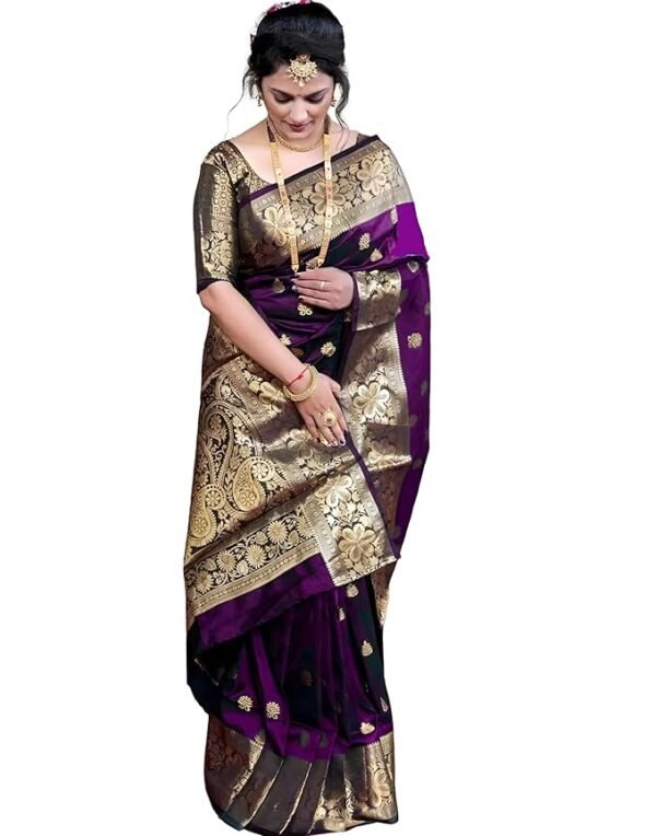Women's Banarasi Silk Saree with Intricate Gold Zari Weaving & Unstitched Blouse Piece – Traditional Indian Wedding Attire(Mahi Wine)