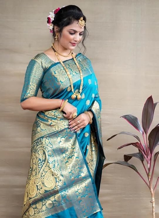 Women's Banarasi Silk Saree with Intricate Gold Zari Weaving & Unstitched Blouse Piece – Traditional Indian Wedding Attire（ Mahi Firoji）