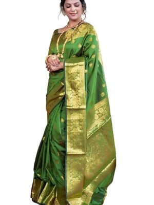 Women's Banarasi Silk Saree with Intricate Gold Zari Weaving & Unstitched Blouse Piece – Traditional Indian Wedding Attire（ Mahi Parot）
