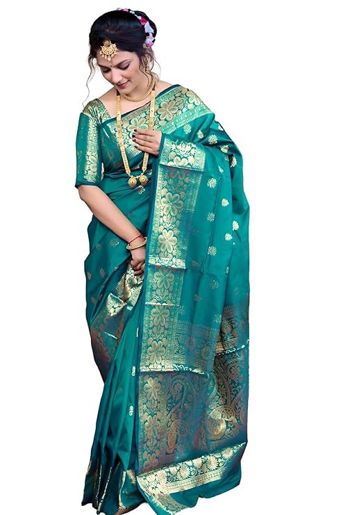 Women's Rama Green Banarasi Silk Saree with Intricate Gold Zari Weaving & Unstitched Blouse Piece