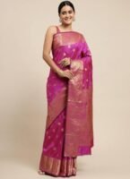 Women's Banarasi Silk Saree with Intricate Gold Zari Weaving & Unstitched Blouse Piece – Traditional Indian Wedding Attire( Mahi pink)