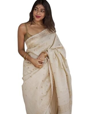 Women's Banarasi Kanchipuram Art Silk Saree for Women – Traditional Wedding & Party Saree with Blouse Piece – Ethnic Indian Silk Saree for Bridal, Festive (Beige)