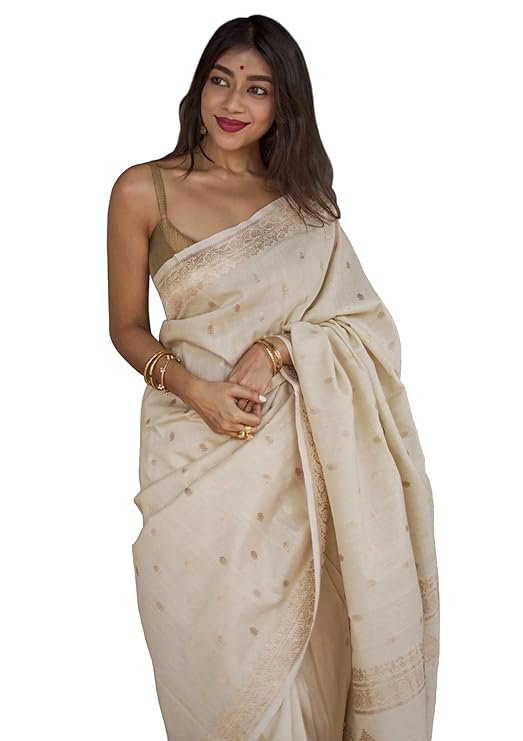 Women's Banarasi Kanchipuram Art Silk Saree for Women – Traditional Wedding & Party Saree with Blouse Piece – Ethnic Indian Silk Saree for Bridal, Festive (Beige)