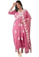 Women's Silk Blend Chain Work Embroidered A Line Kurta with Pant Set For Wedding, Ethnic Wear (Pink)